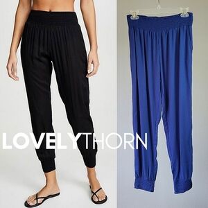 MIKOH // ltd ed resort '23 smocked waist/hem relaxed ankle navy kahuku pants